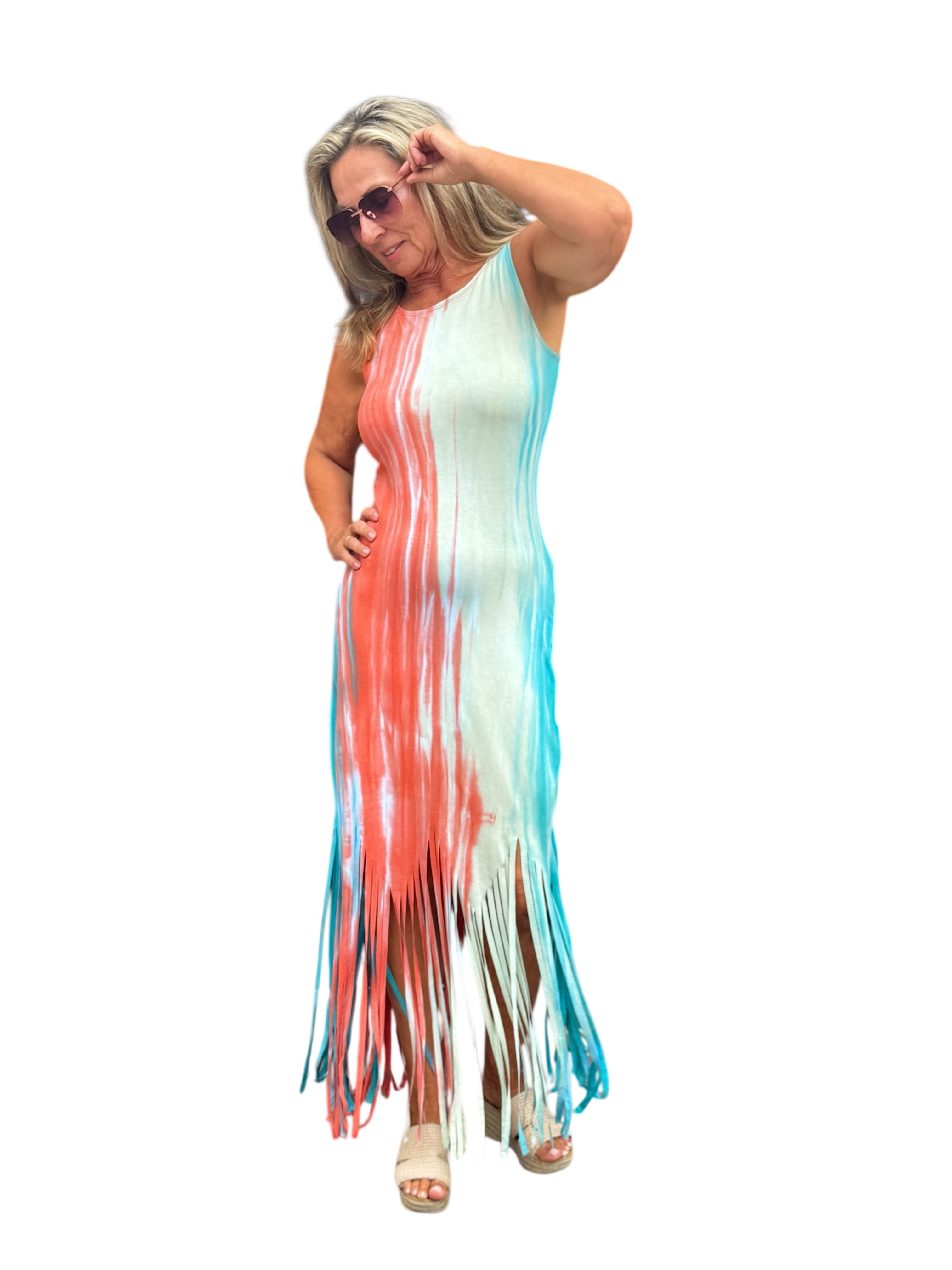 Sleeveless Tie Dye Maxi Dress with Fringe