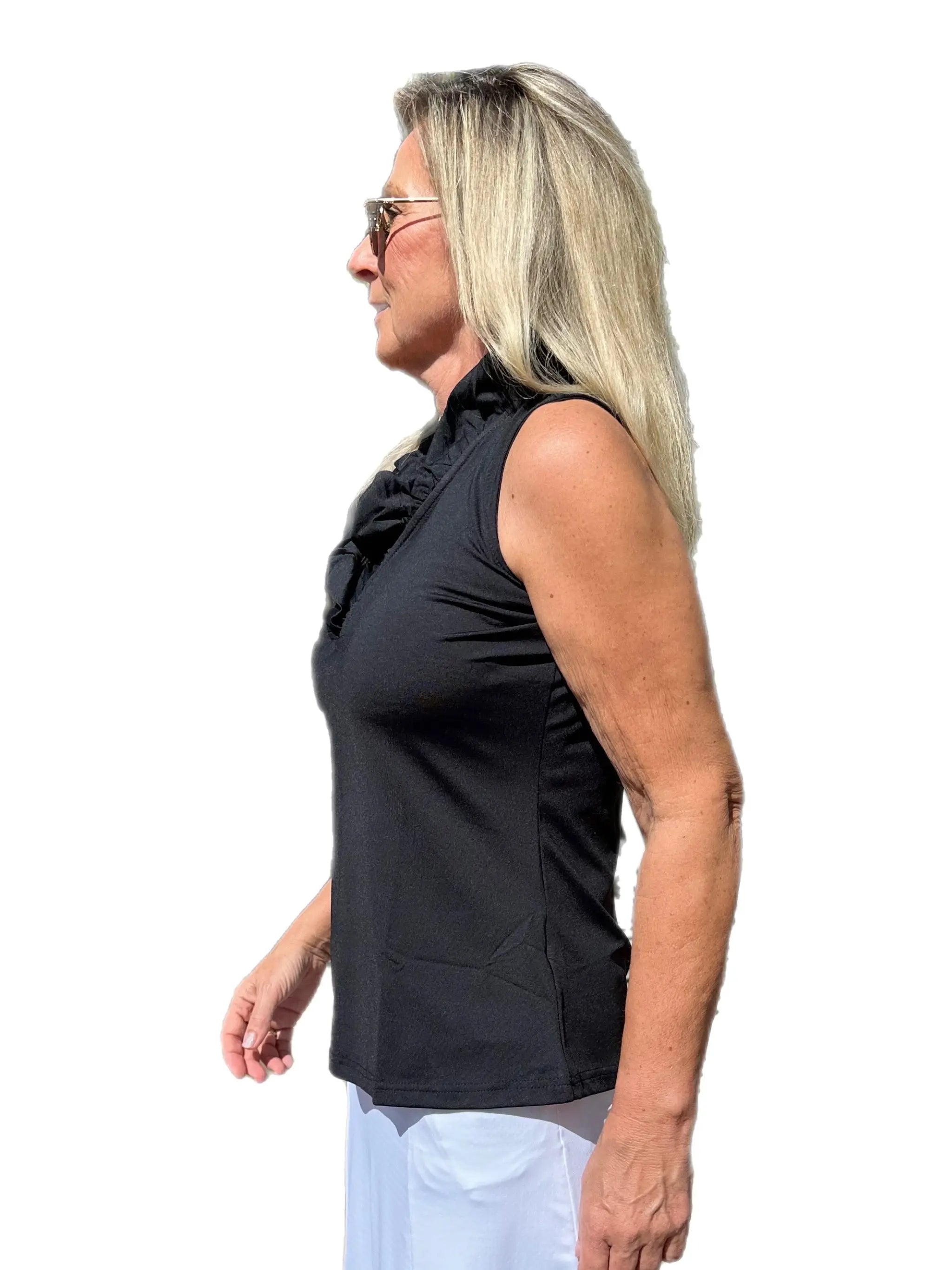 Ruffle-Neck Top with UPF50+ Black - Back of the Bay Boutique