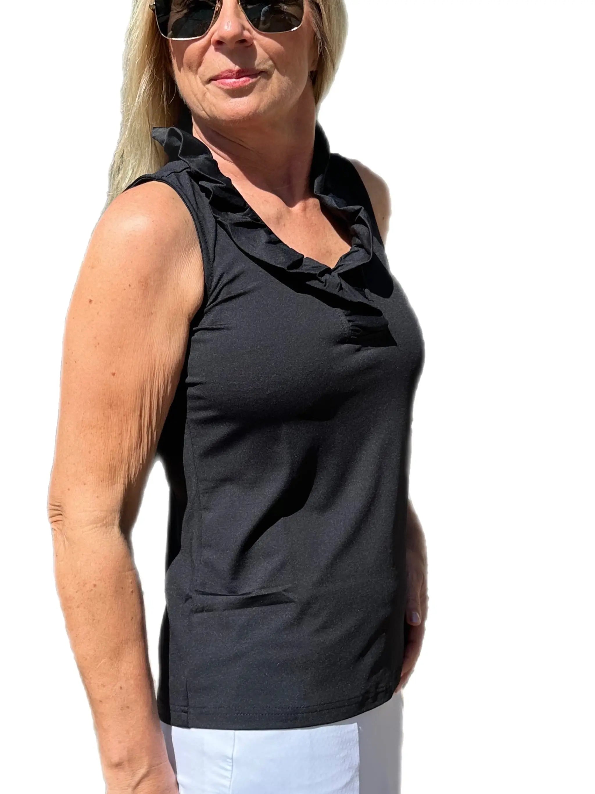 Ruffle-Neck Top with UPF50+ Black - Back of the Bay Boutique