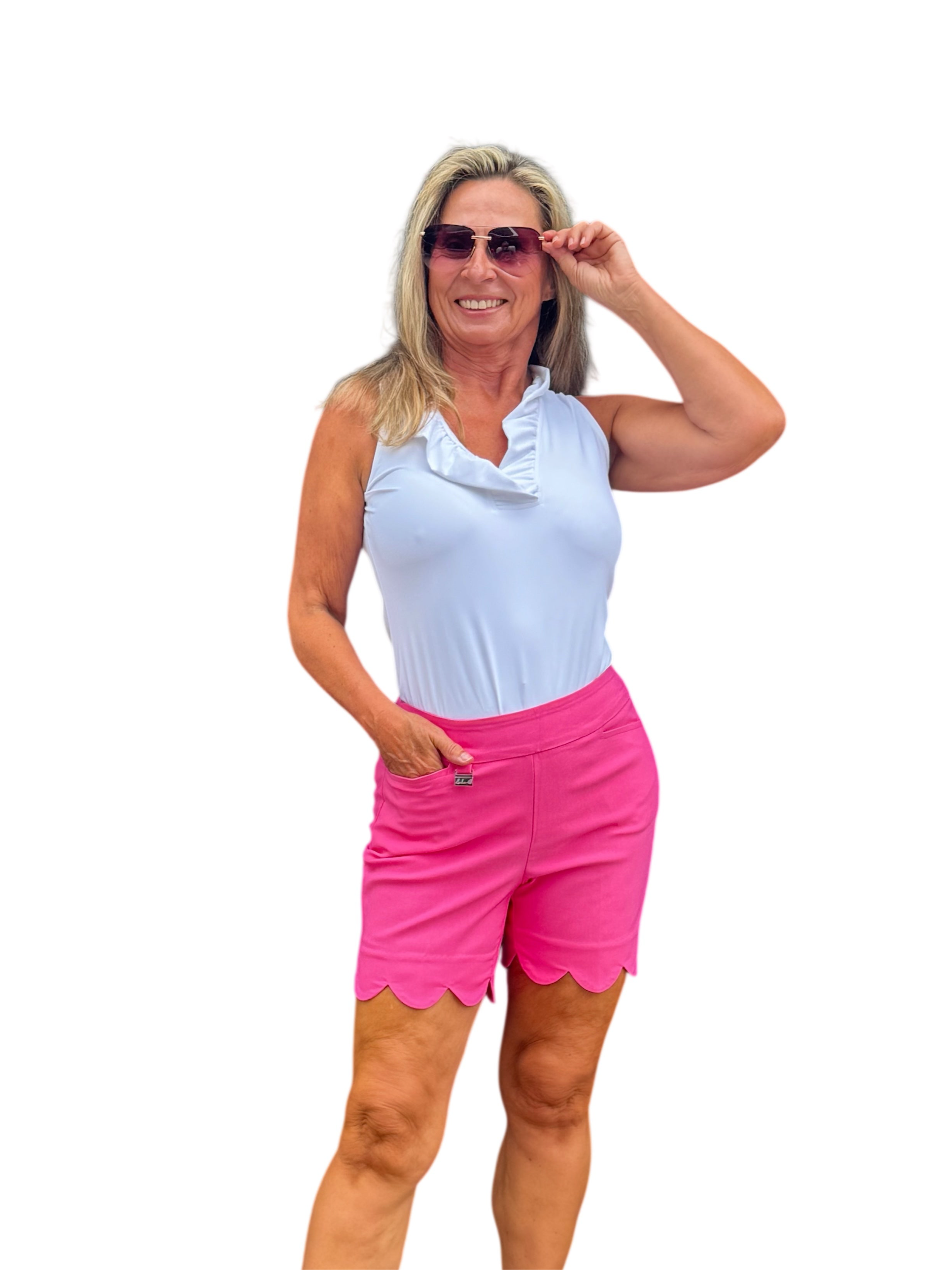 5" Inseam Pull-on Stretch Shorts with Scalloped Hemline Hot Pink