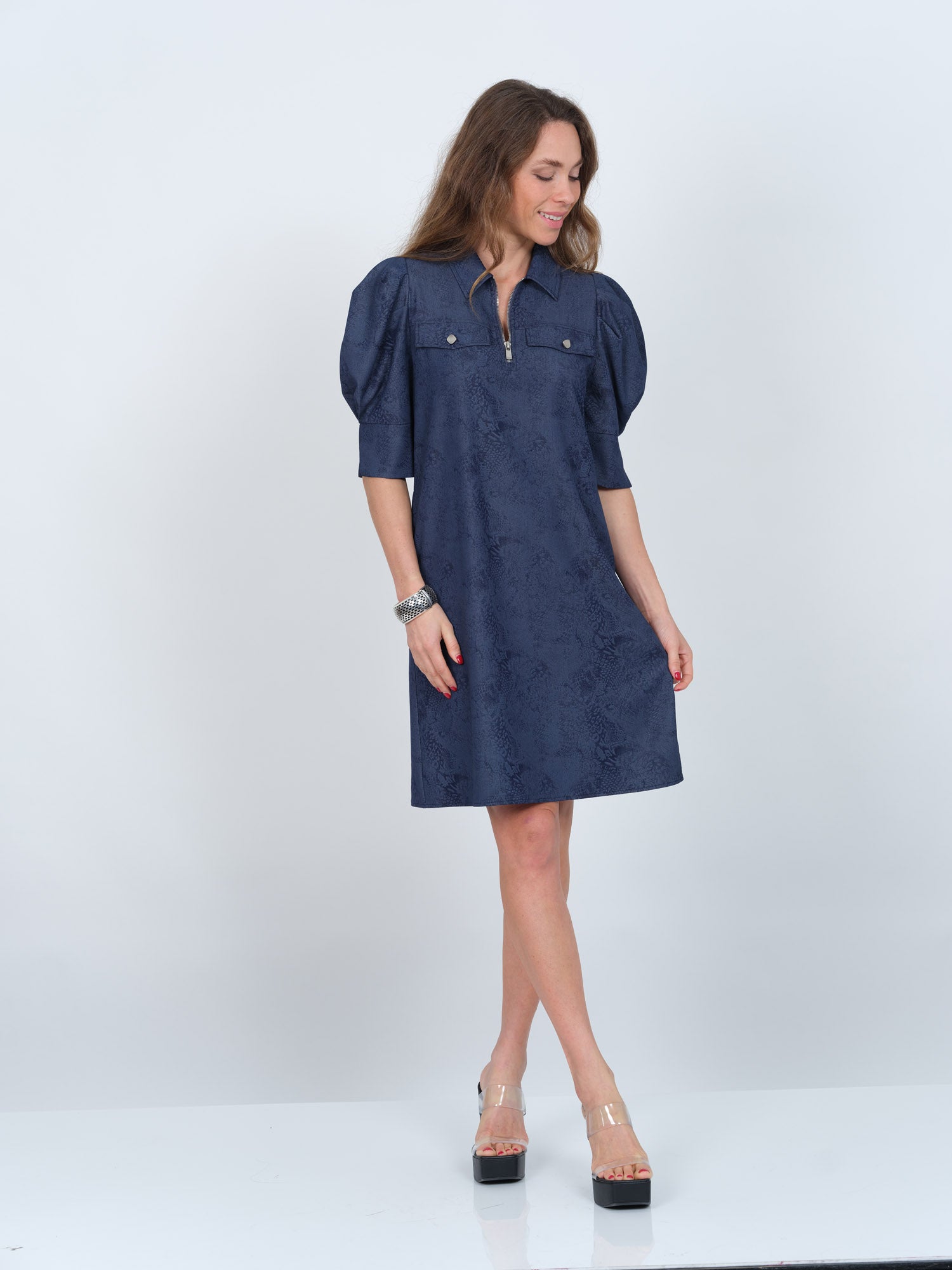 Crema Embossed Half-Zip Dress with Puffed Sleeves