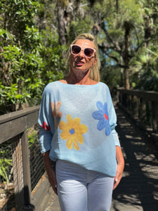 Long Sleeve Knit Sweater Blue Flora - MADE IN ITALY