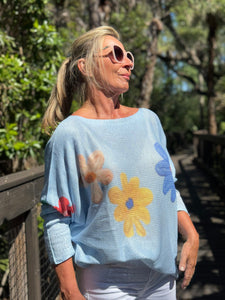 Long Sleeve Knit Sweater Blue Flora - MADE IN ITALY