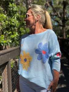 Long Sleeve Knit Sweater Blue Flora - MADE IN ITALY