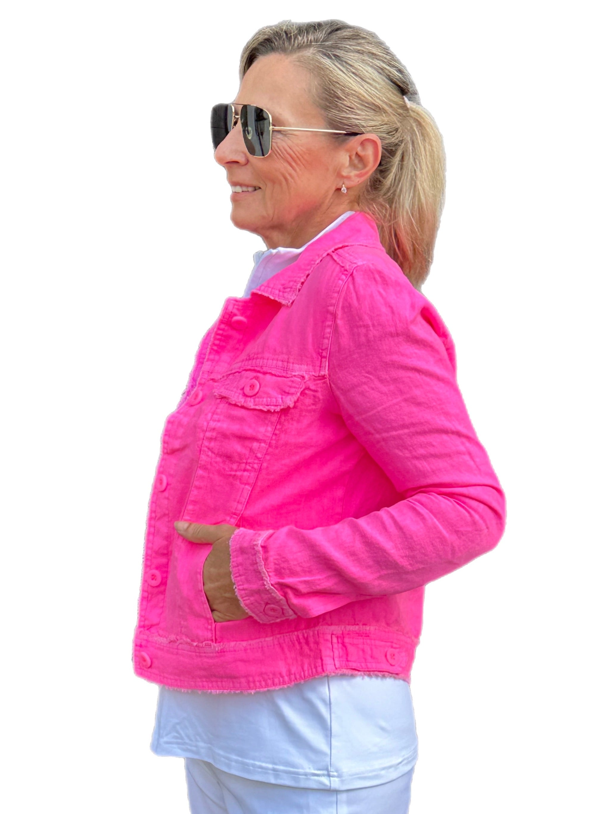 Long-Sleeve Linen Jacket Bright Hot Pink - Back of the Bay Boutique