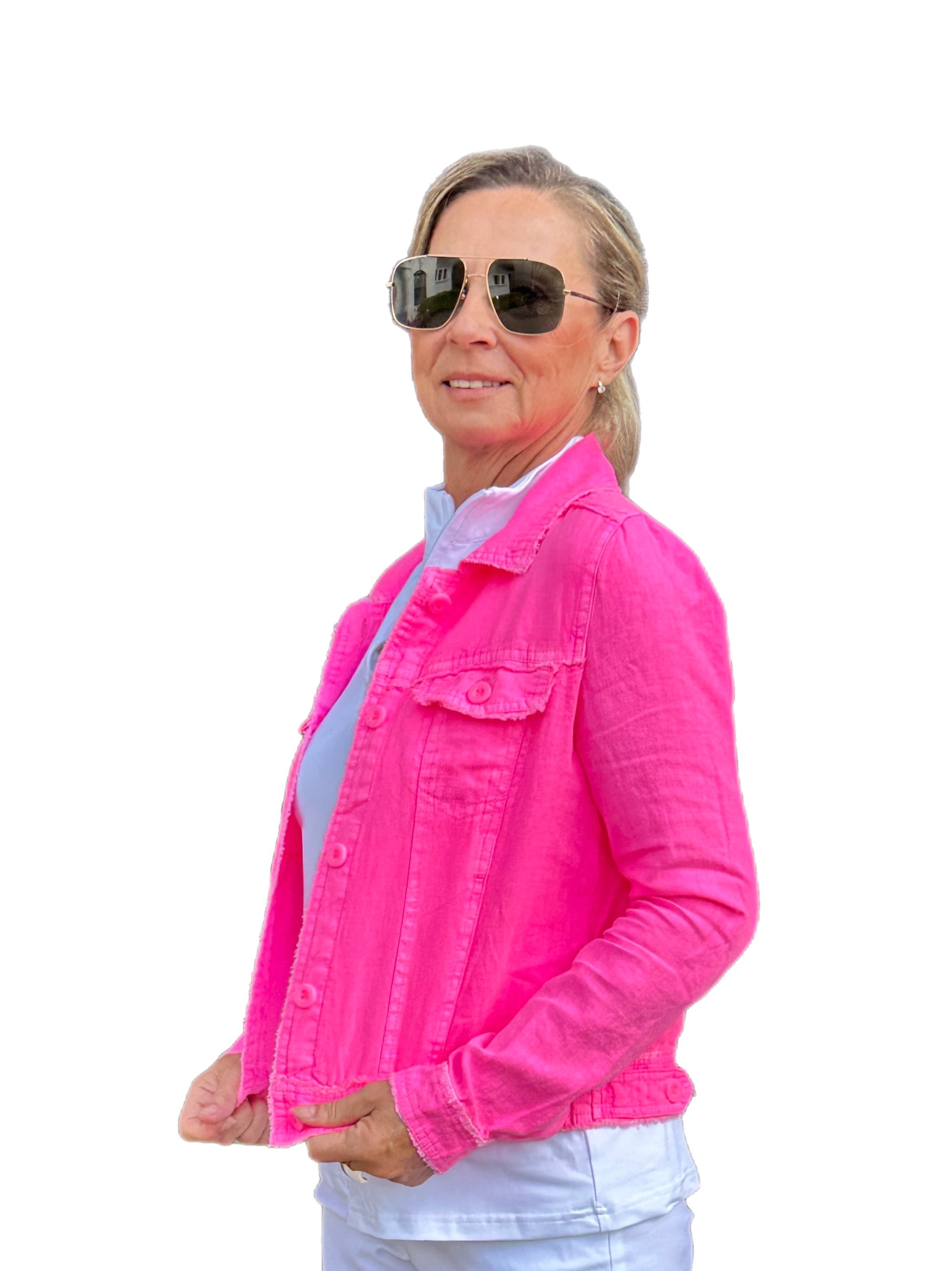 Long-Sleeve Linen Jacket Bright Hot Pink - Back of the Bay Boutique