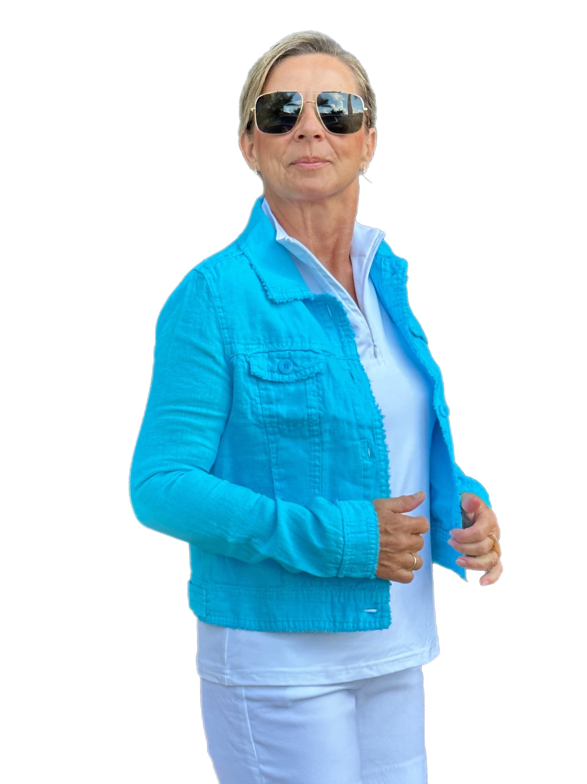 Long-Sleeve Linen Jacket Clear Turquoise - Back of the Bay Boutique