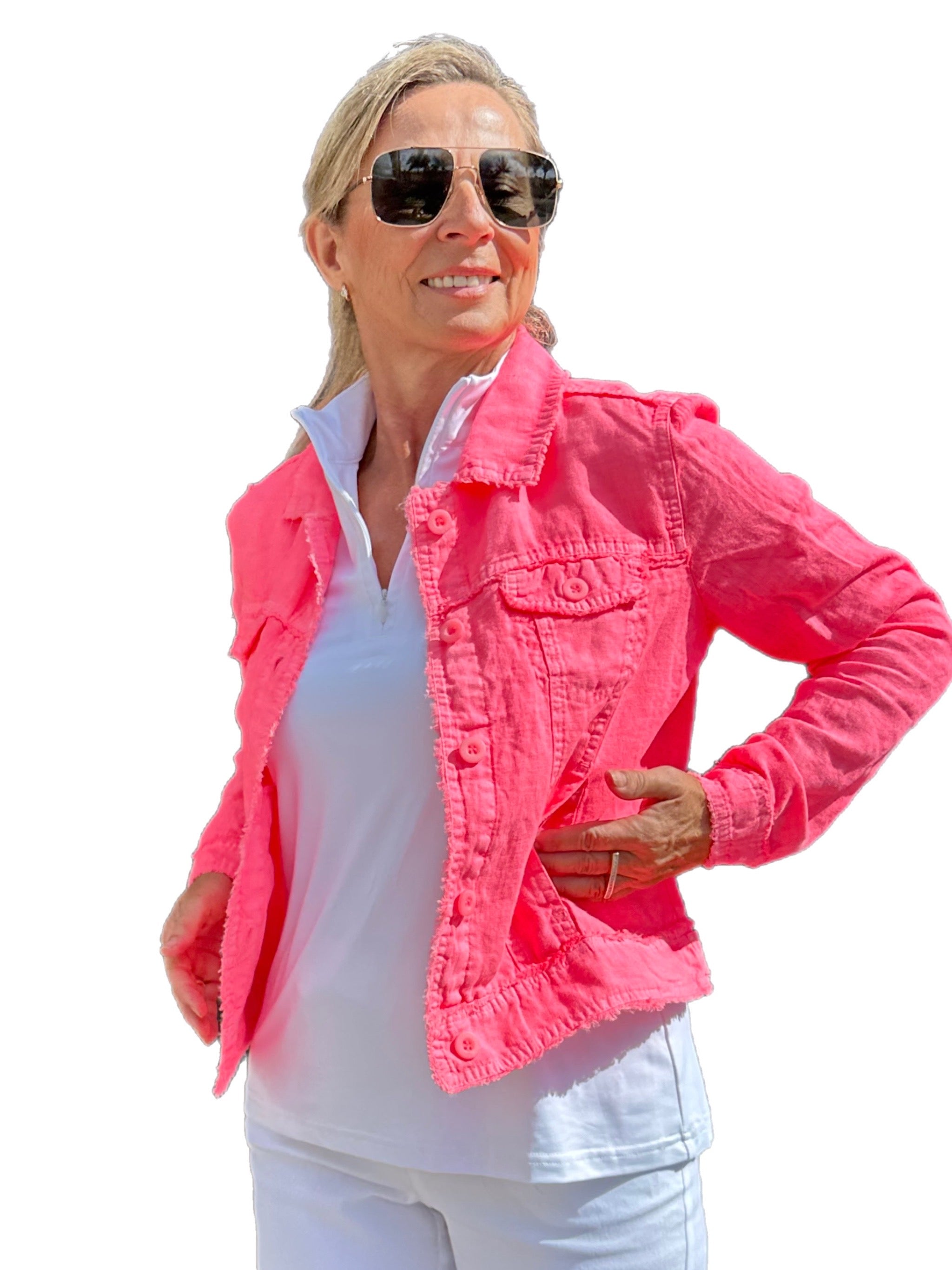 Long-Sleeve Linen Jacket Coral - Back of the Bay Boutique
