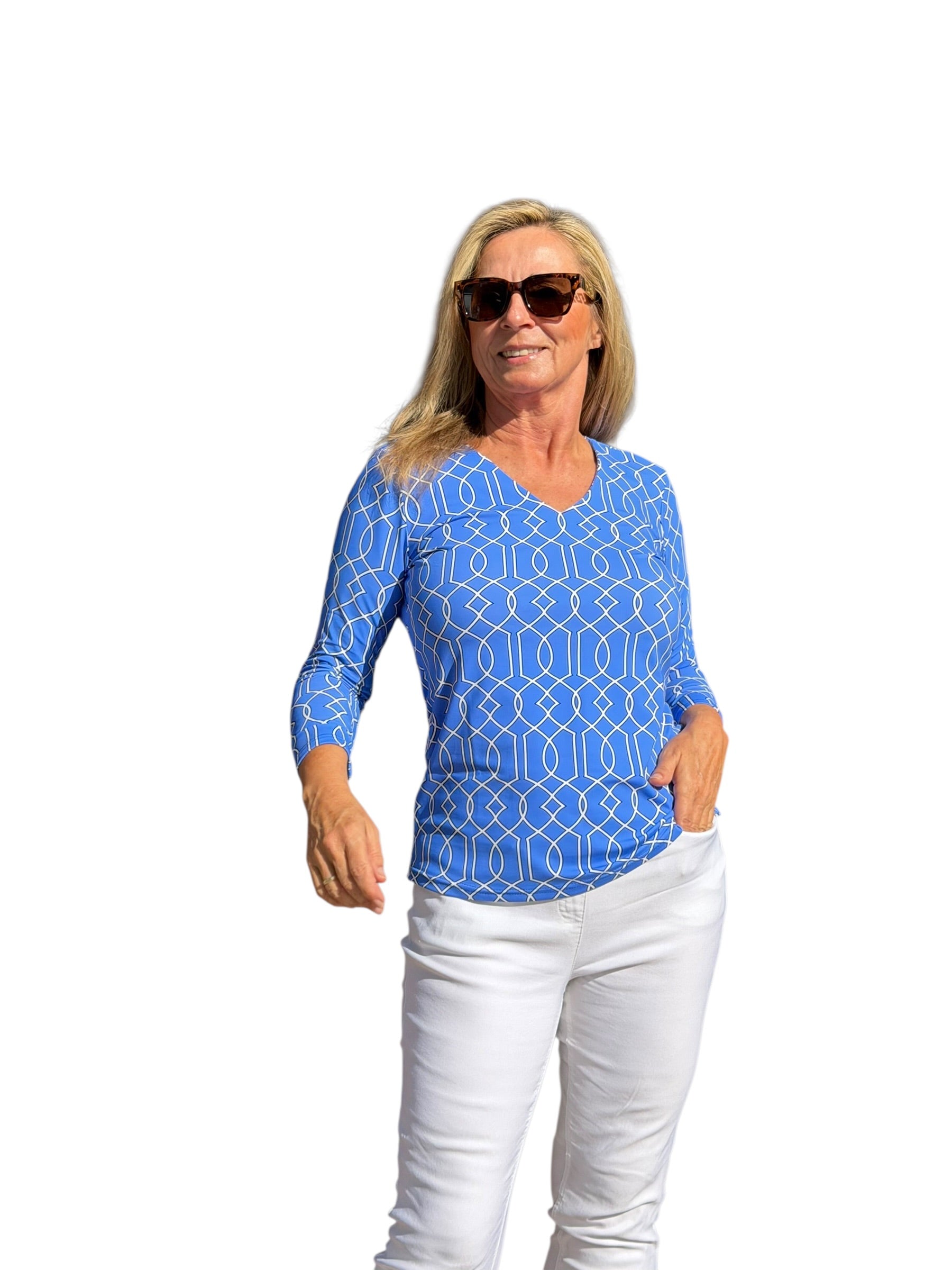 V - Neck Top with UPF50+ Geometric Lines Peri - Back of the Bay Boutique