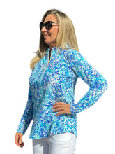 Load image into Gallery viewer, High Zip-Neck Long Sleeve Top with UPF50+ Abstract Blues
