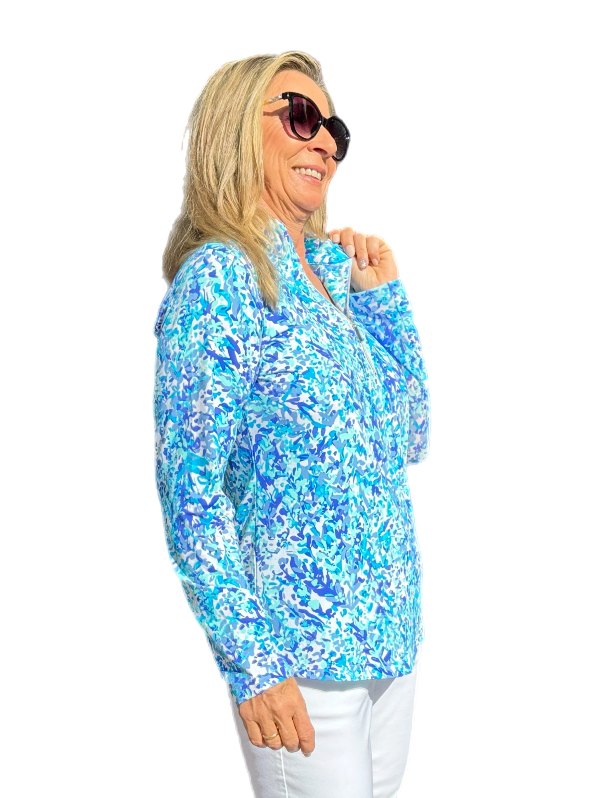 High Zip-Neck Long Sleeve Top with UPF50+ Abstract Blues - Back of the Bay Boutique