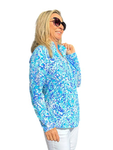 High Zip-Neck Long Sleeve Top with UPF50+ Abstract Blues