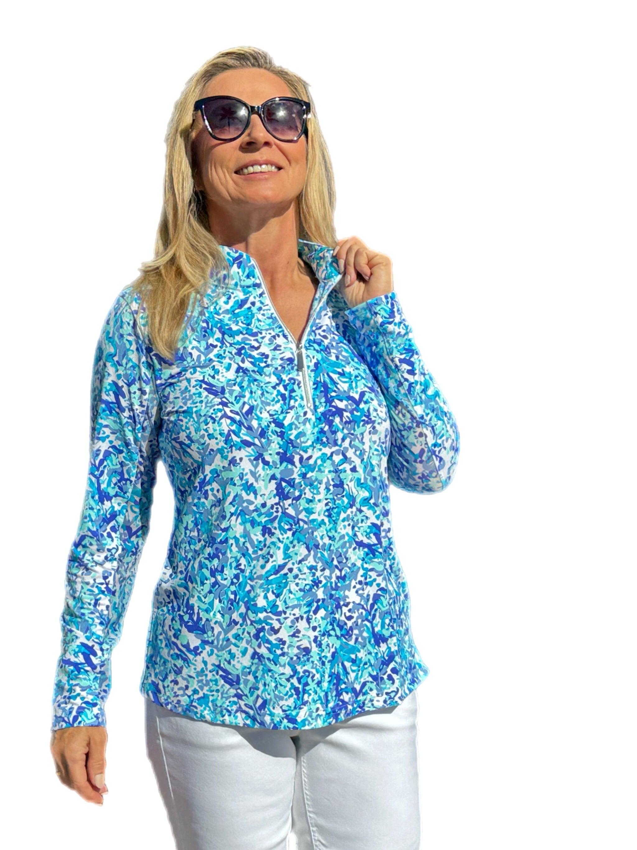 High Zip-Neck Long Sleeve Top with UPF50+ Abstract Blues - Back of the Bay Boutique