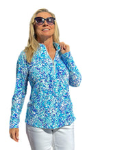 Load image into Gallery viewer, High Zip-Neck Long Sleeve Top with UPF50+ Abstract Blues
