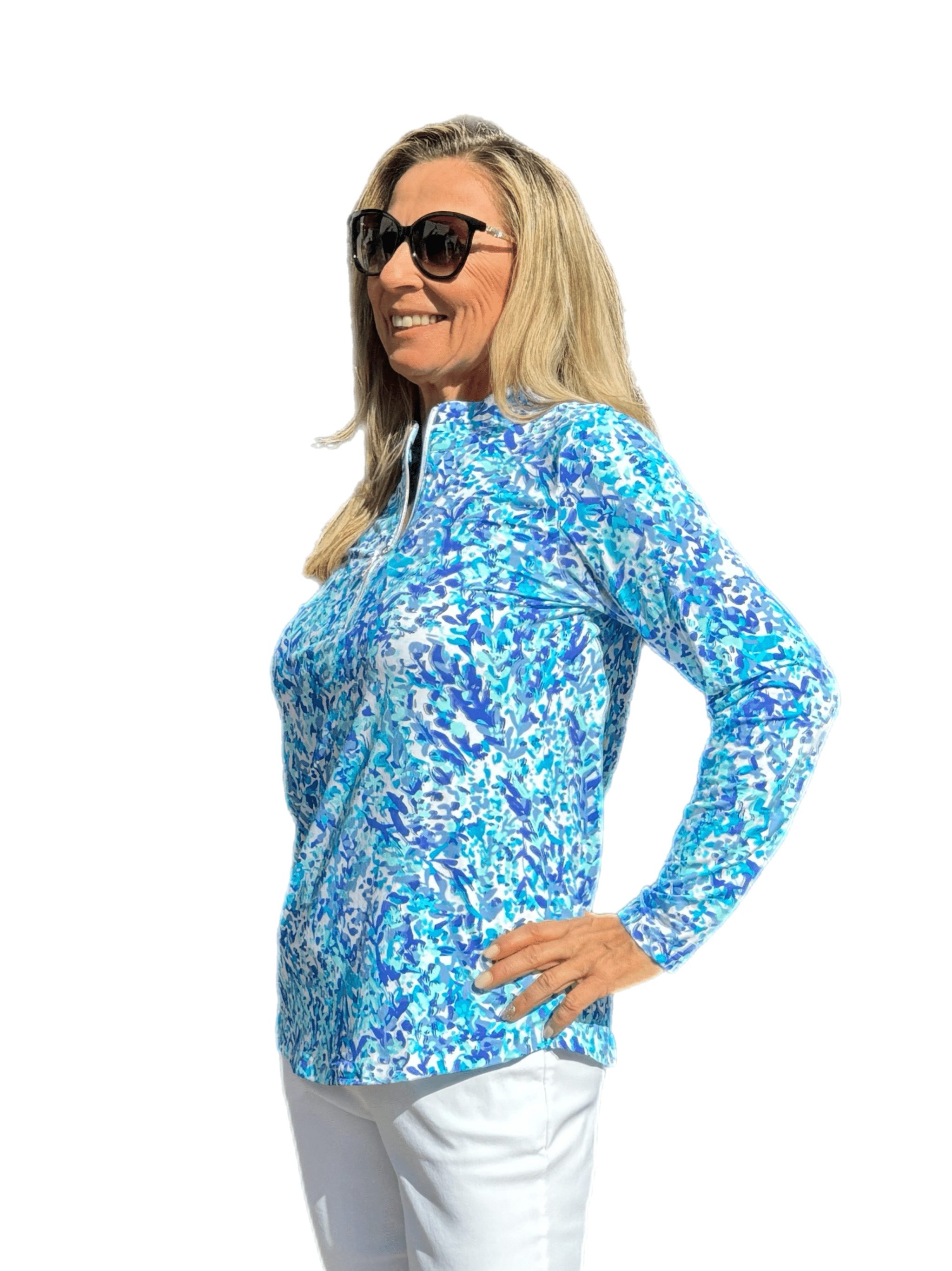 High Zip-Neck Long Sleeve Top with UPF50+ Abstract Blues - Back of the Bay Boutique