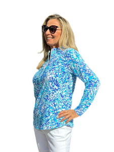 High Zip-Neck Long Sleeve Top with UPF50+ Abstract Blues