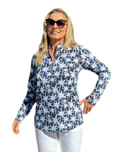 High Zip-Neck Long Sleeve Top with UPF50+ Navy Palm Trees