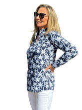 Load image into Gallery viewer, High Zip-Neck Long Sleeve Top with UPF50+ Navy Palm Trees
