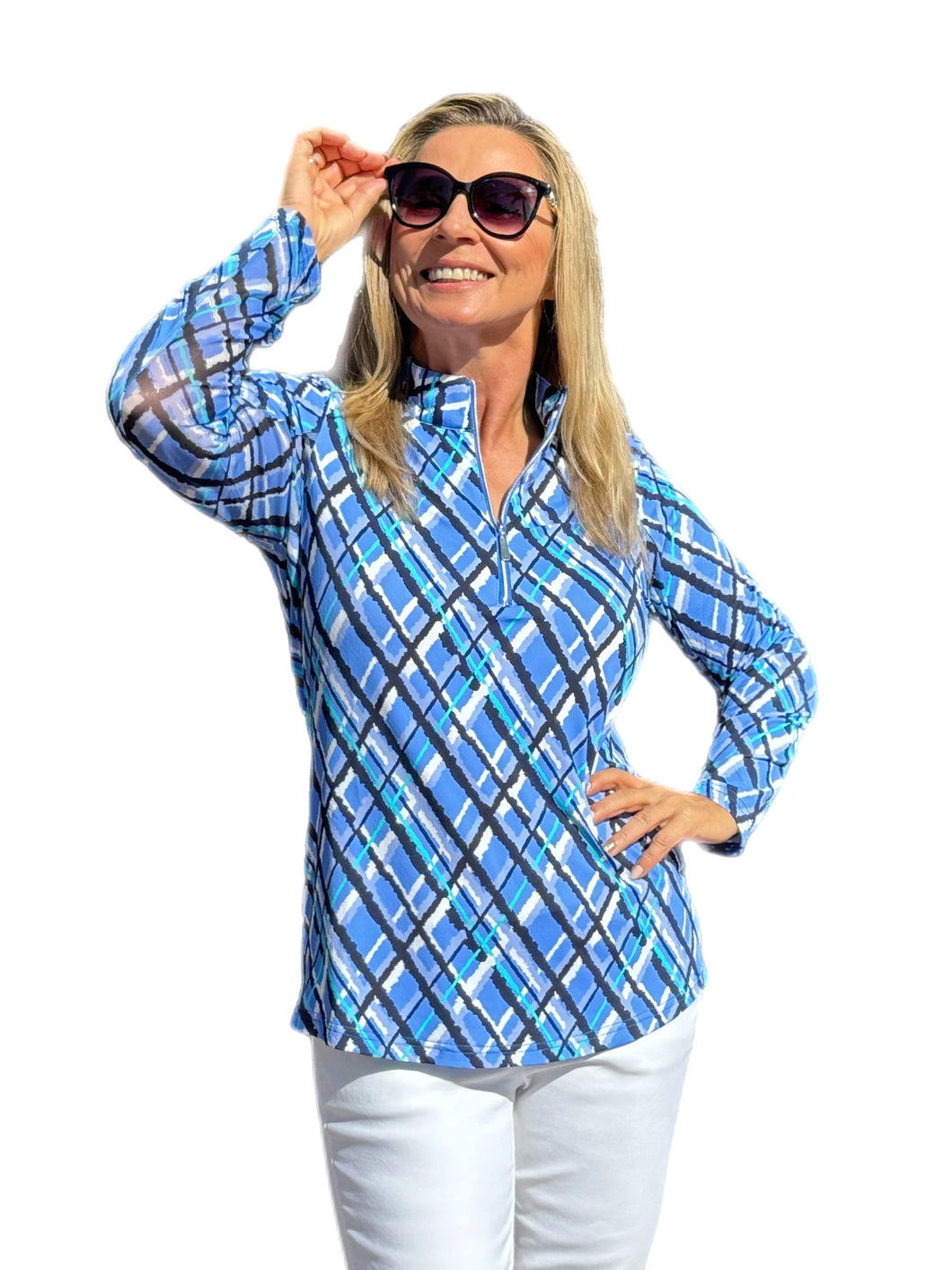 High Zip-Neck Long Sleeve Top with UPF50+ Peri Check