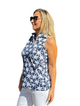 Load image into Gallery viewer, High Zip-Neck Sleeveless Top with UPF50+ Navy Palm Trees

