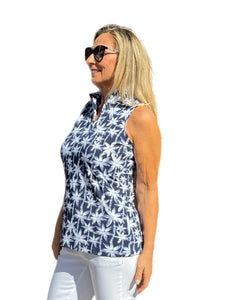 High Zip-Neck Sleeveless Top with UPF50+ Navy Palm Trees
