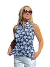 Load image into Gallery viewer, High Zip-Neck Sleeveless Top with UPF50+ Navy Palm Trees
