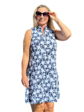 Load image into Gallery viewer, High Zip-Neck Sleeveless Dress with UPF50+ Navy Palm Trees
