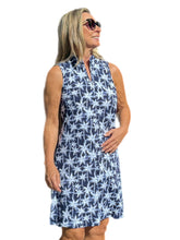Load image into Gallery viewer, High Zip-Neck Sleeveless Dress with UPF50+ Navy Palm Trees
