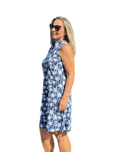 High Zip-Neck Sleeveless Dress with UPF50+ Navy Palm Trees