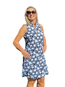 High Zip-Neck Sleeveless Dress with UPF50+ Navy Palm Trees