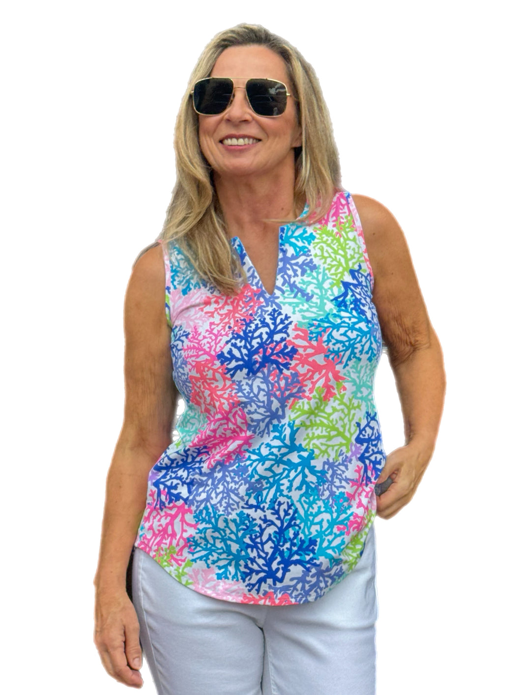 Keyhole Sleeveless Top with UPF50+ Bright Corals