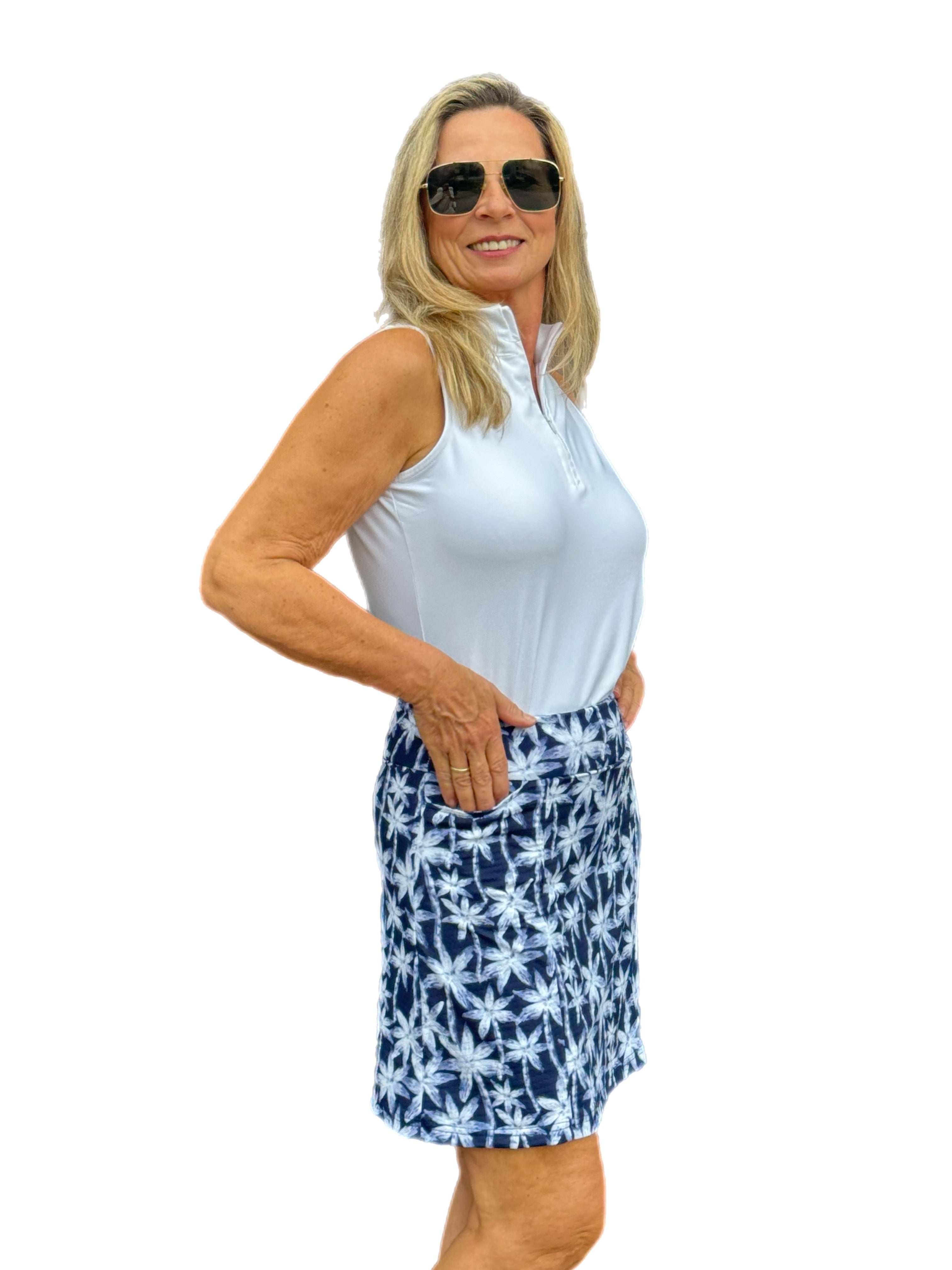 17" Pull-on Skort with UPF50+ Navy Palm Trees - Back of the Bay Boutique