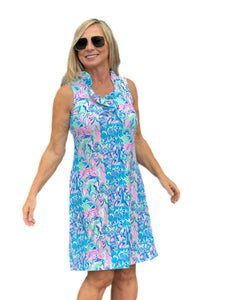 Ruffle-Neck Dress with UPF50+ Pastel Mosaic