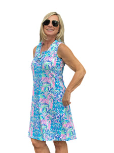 Ruffle-Neck Dress with UPF50+ Pastel Mosaic