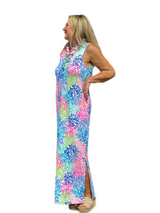 Ruffle-Neck Maxi Dress with UPF50+ Bright Corals