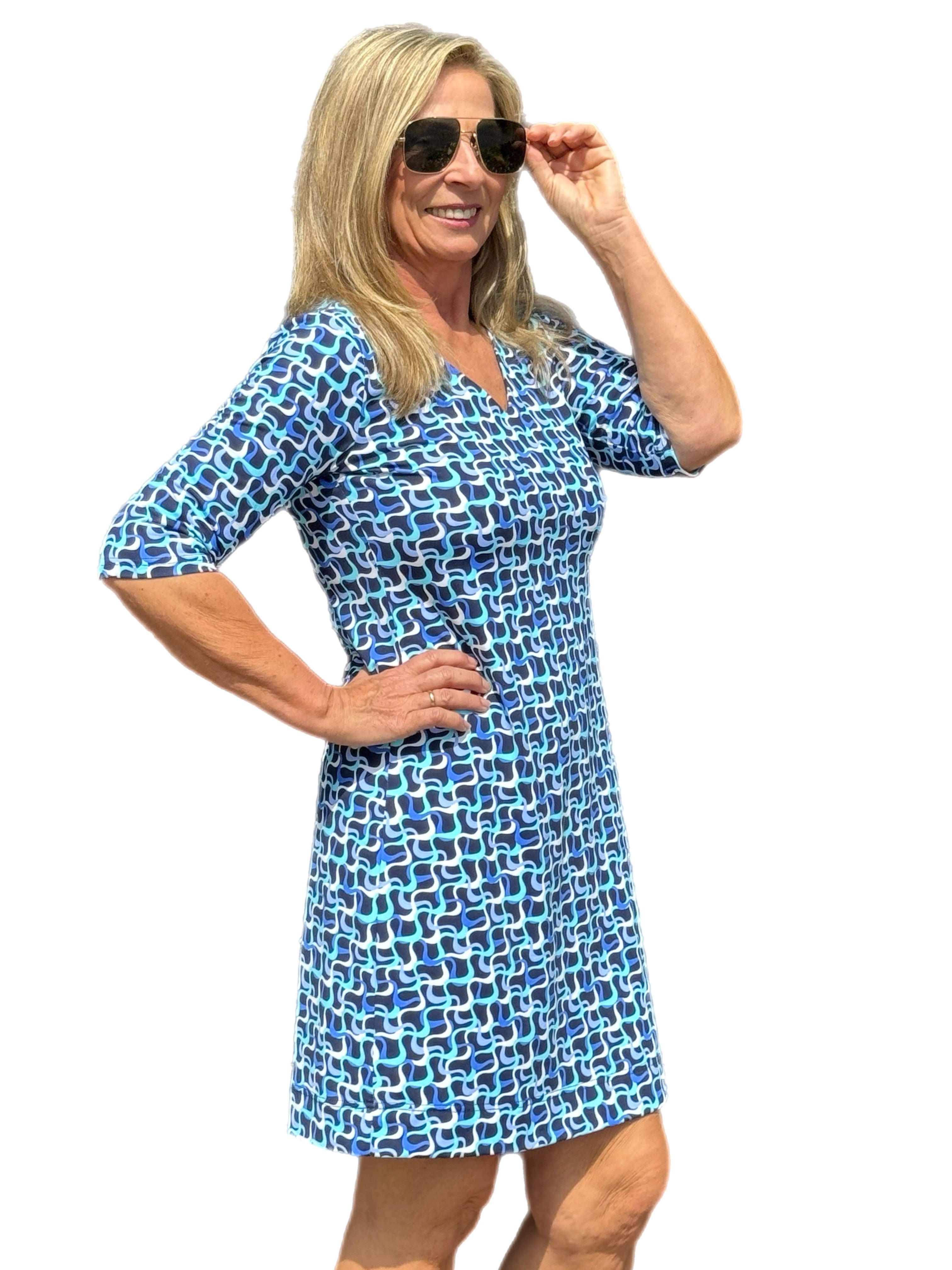 Elbow-Sleeve Travel Dress with UPF50+ Navy Waves - Back of the Bay Boutique