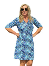 Load image into Gallery viewer, Elbow-Sleeve Travel Dress with UPF50+ Navy Waves
