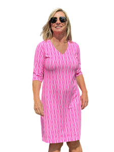 Elbow-Sleeve Travel Dress with UPF50+ Pink Waves