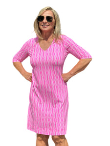 Elbow-Sleeve Travel Dress with UPF50+ Pink Waves