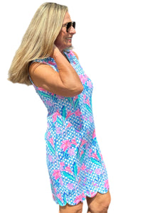 Scalloped-Neck and -Hem Sleeveless Dress with UPF50+ Pink Lillies