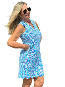 Scalloped-Neck and -Hem Sleeveless Dress with UPF50+ Blue Zebra