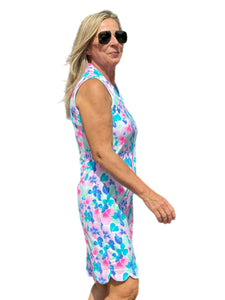 Scalloped-Neck and -Hem Sleeveless Dress with UPF50+ Pastel Flowers