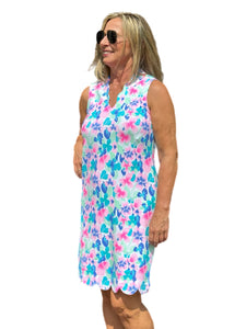 Scalloped-Neck and -Hem Sleeveless Dress with UPF50+ Pastel Flowers