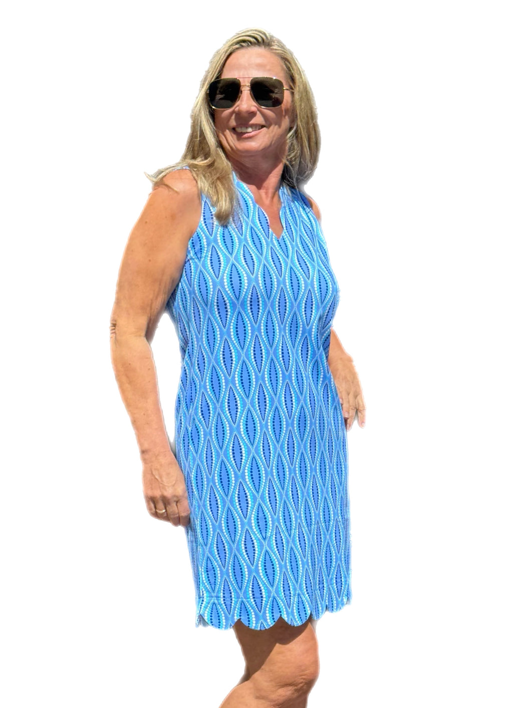 Scalloped-Neck and -Hem Sleeveless Dress with UPF50+ Blue Waves