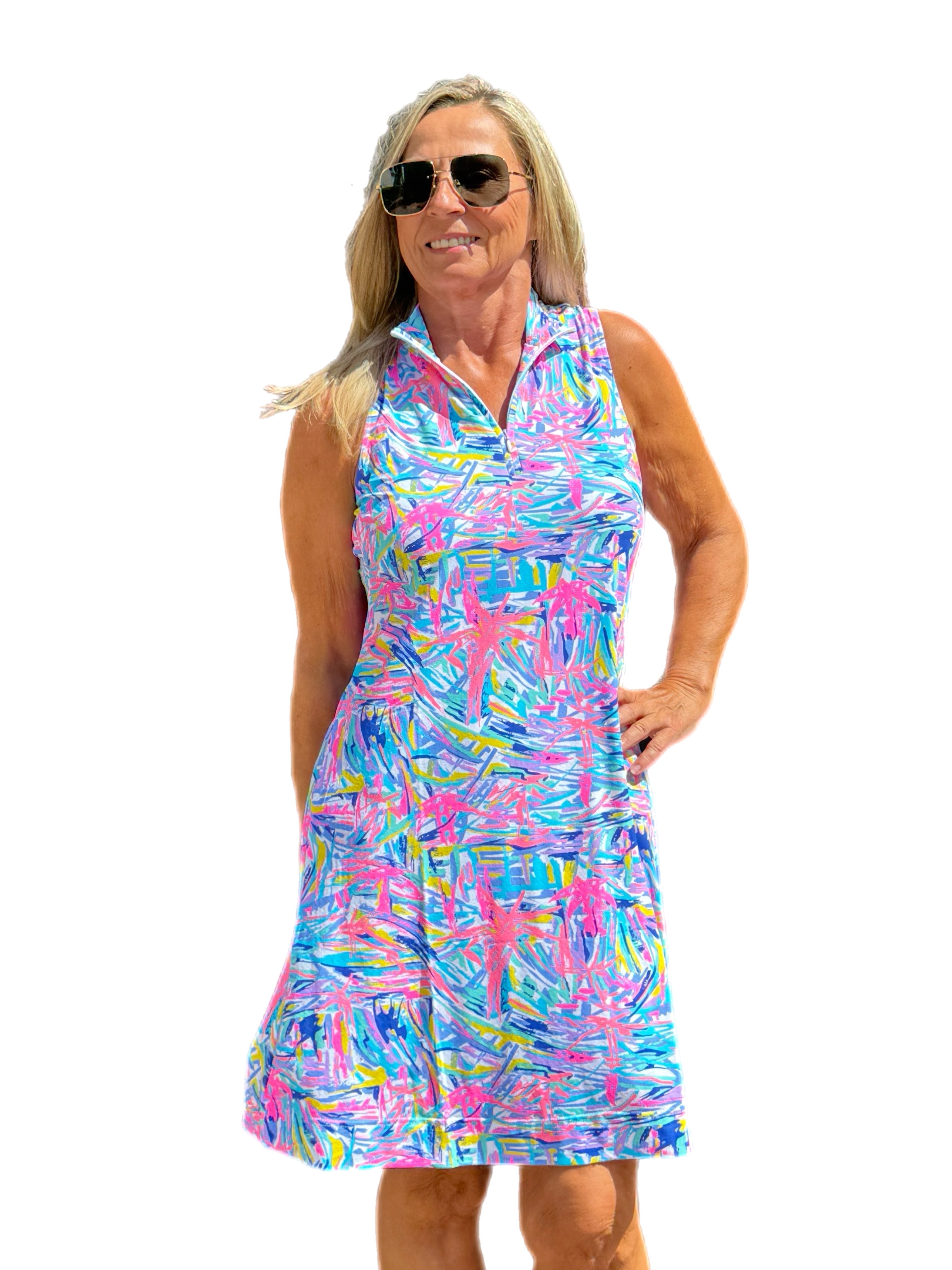 High Zip-Neck Sleeveless Dress with UPF50+ Blue Flowers - Back of the Bay Boutique