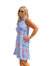 Load image into Gallery viewer, High Zip-Neck Sleeveless Dress with UPF50+ Blue Flowers
