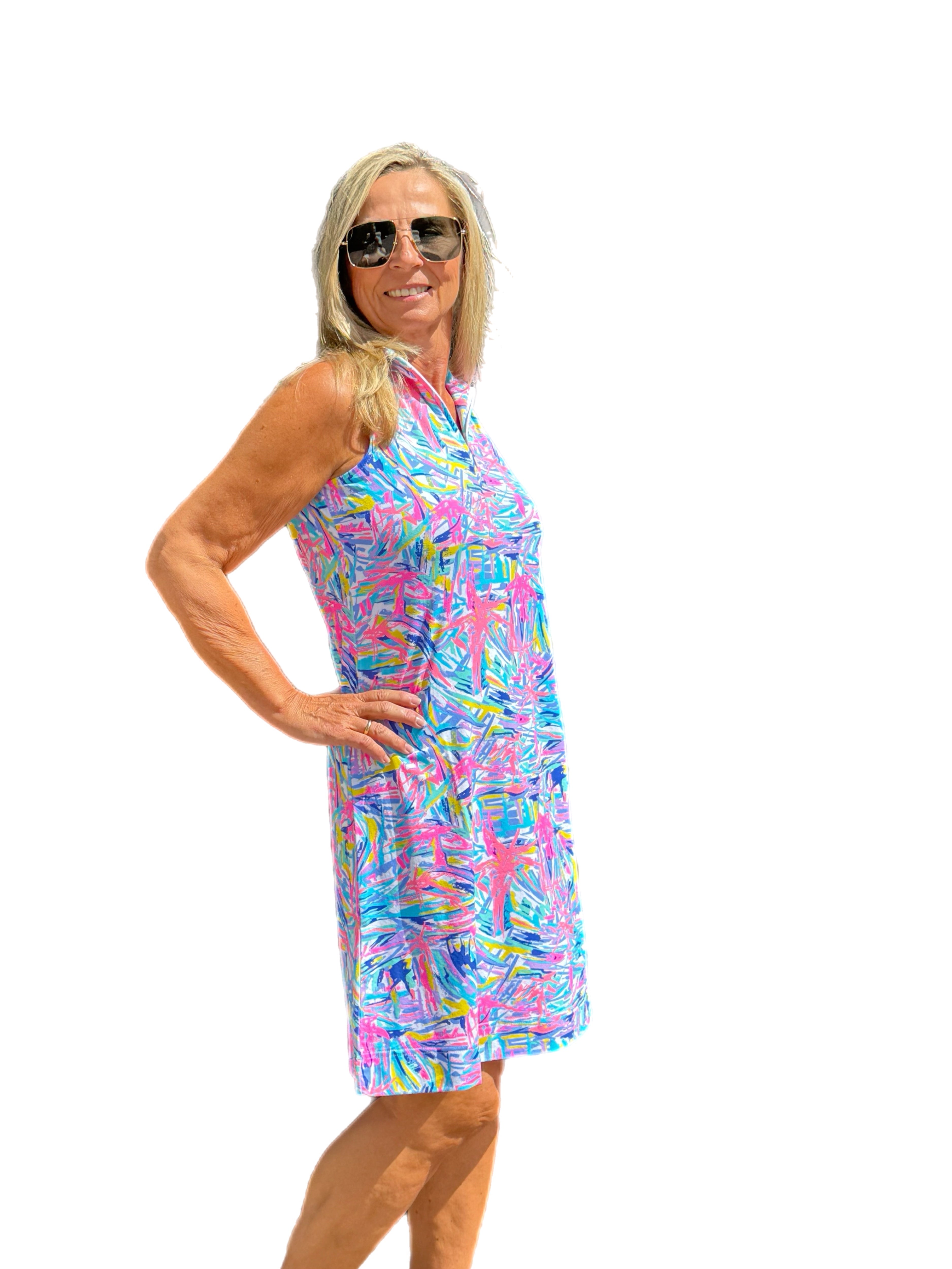 High Zip-Neck Sleeveless Dress with UPF50+ Blue Flowers - Back of the Bay Boutique