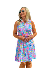 Load image into Gallery viewer, High Zip-Neck Sleeveless Dress with UPF50+ Blue Flowers
