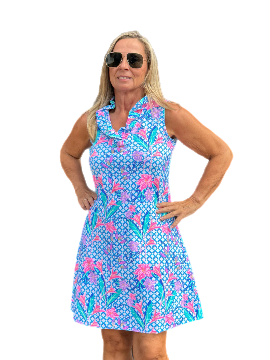 Ruffle-Neck Dress with UPF50+ Pink Lillies