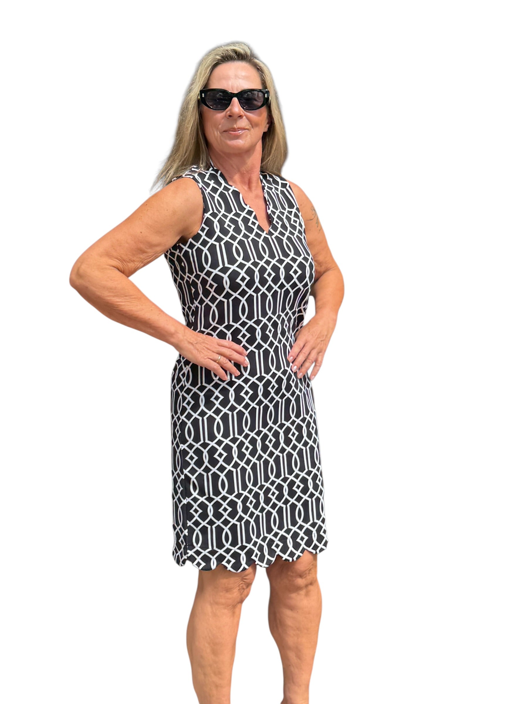 Scalloped - Neck and - Hem Sleeveless Dress with UPF50+ Geometric Lines Black - Back of the Bay Boutique